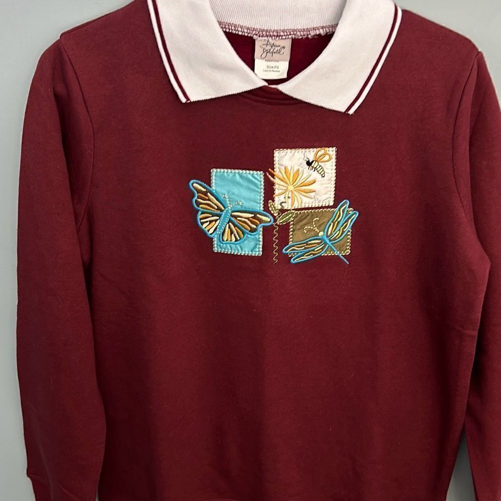 Vintage Adrian Delafield Cottage Core Sweatshirt Collar Bee Dragonfly Butterfly